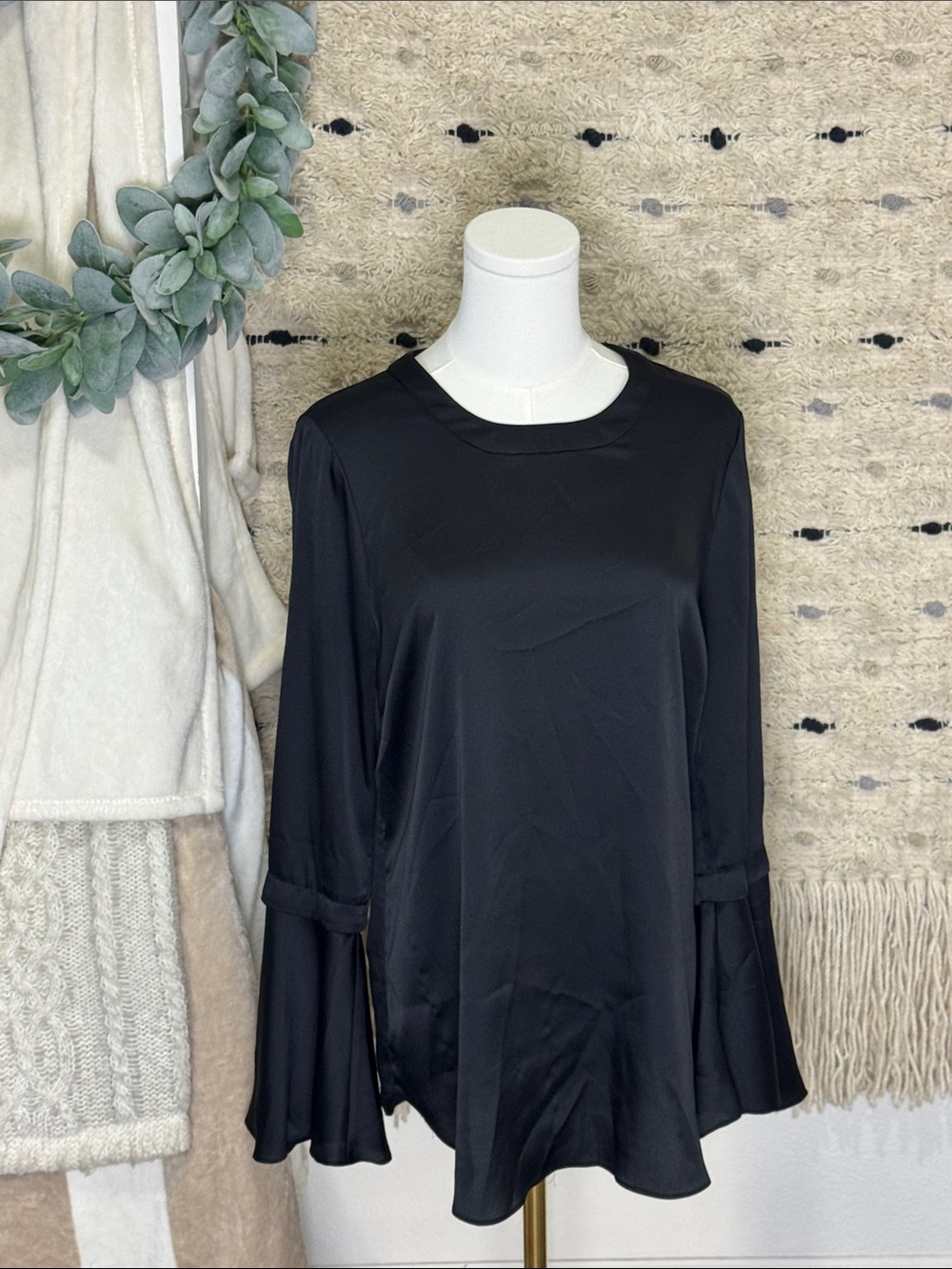BCBGMaxAzria Black Satin Bell Sleeve Blouse size xs